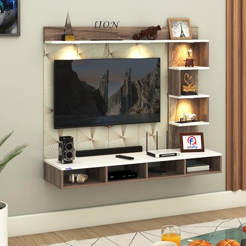 Image of amaflip Laura Engineered Wood Wall-Mount TV Unit with Printed PVC Back Panel & LED Lights | TV Cabinet with Storage Box & Decorative Shelves (Coachwood /White) for TVs up to 43 Inch | DIY Installation