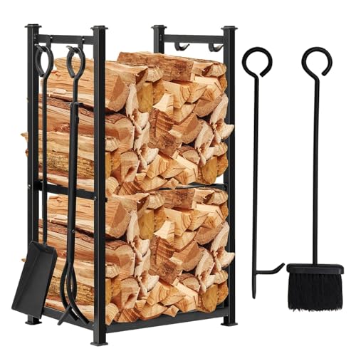 AMAGABELI GARDEN & HOME Firewood Rack Indoor with Fireplace Tools Set Wood Holder Outdoor Log Racks Storage Tongs Poker Brush Shovel Bin Stacking Wrought Iron Accessories Kit Black