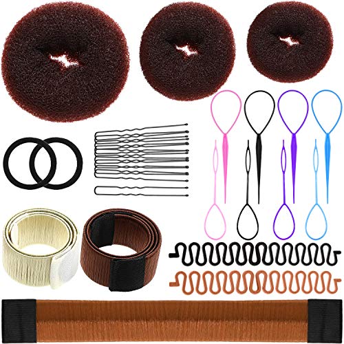 28 Pieces Hair Braiding Tools Set Includes Twist Bun Maker Donut Bun Maker Topsy Tail Hair Braid Centipede Shape Braiders Bobby Pins Elastic Hair Ties for Girls Women Supplies