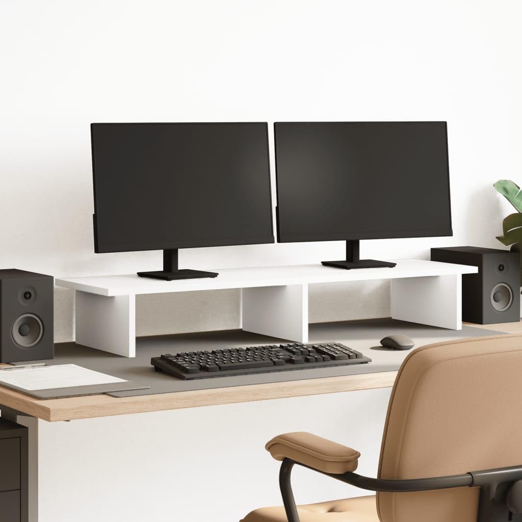 Supporto per monitor in legno bianco, 100 x 27 x 15 cm, per due monitor e laptop, con ripiano per ufficio, casa, gioco, postazione di lavoro, portata 20 kg