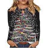 AYSDSKI Camiseta de Navidad para mujer, manga larga, cuello redondo, suéter de Navidad, estampado de árbol de Navidad, camiseta de manga larga, elegante, blusa de Navidad, para Navidad, fiesta