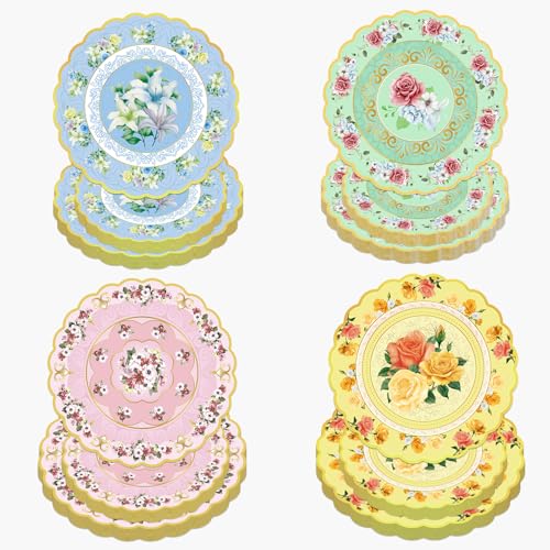 Zgrzoqjlw 80 Pcs Floral Paper Plates, Tea Party Disposable Floral Plates Vintage Tableware Set - 9 Inch and 7 Inch Plates for Tea Party Birthday Baby Shower Wedding Bachelorette Party (80)