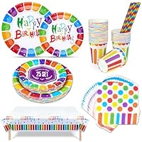 126 Pcs Rainbow Birthday Paper Plates Set, Party Plates Cups and Napkins, Straws, Birthday Party Decorations, Rainbow Afternoon Tea Decorations (Set of 25) Paper Material