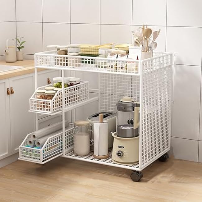 Diydeg 3 Tier Mobile Storage Shelves with 360 Rotation Wheels, Metal Breathable Mesh Rolling Storage Rack, Multifunctional Movable Organizer Cart for Home Study Office Living Room (White)-6BxYB5Jv