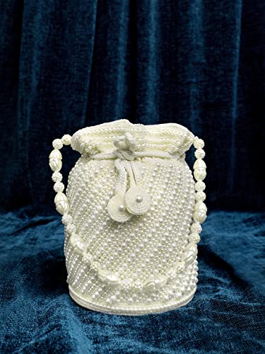 Aheli White Potli Bag Gift for Women Handmade Evening Wristlet Handbags Stylish Bridal Purse Fashion Bag