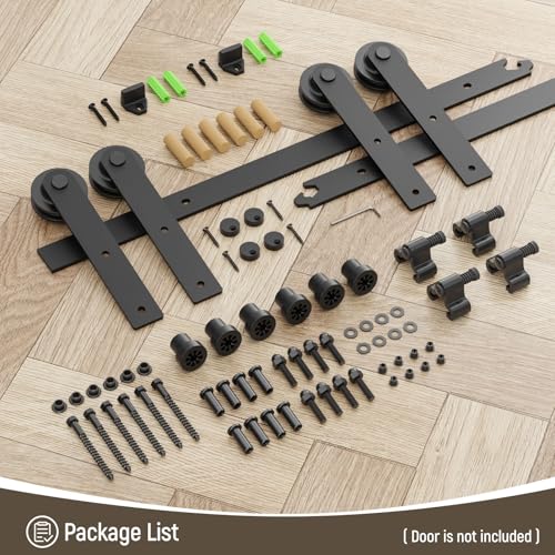 Image of CCJH 4FT Sliding Barn Door Hardware Kit, Heavy Duty, Smoothly and Silently, Easy to Install, Fit 12 inch Width Double Door Panel, I Shaped Hangers Black