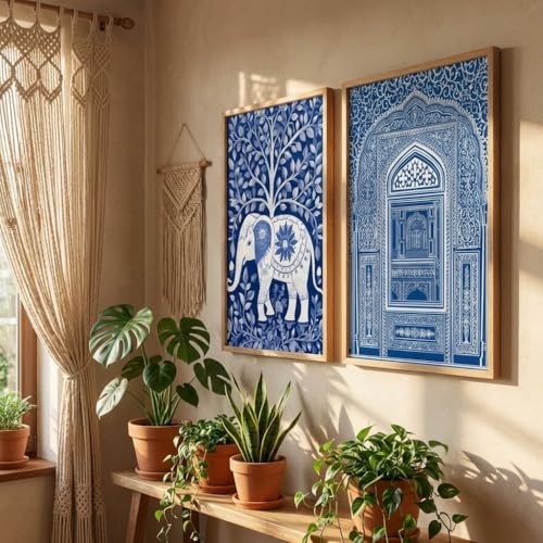 Image of Livin'luxe Set of 2 Blue Elephant Arch Wall Paintings for Living Room Bedroom Home Decor with Premium Wooden Color Synthetic Frame (13.5 x 19.5 Inch) NM02-59