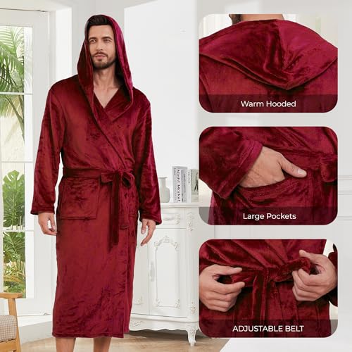 Image of Mens Hooded Fleece Robe, Lightweight Soft Warm Fleece Bathrobe Shower Spa Long Robe With Pockets
