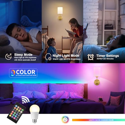 Image of Battery Operated Wall Sconce Set of Two,Wireless Rechargeable Wall Light With Remote Control, Dimmable, 1800K /3000K /4000K /6000K /RGB, Timer, for Living Room, Bedroom, Fireplace, TV, 13.5 Inch, Gold