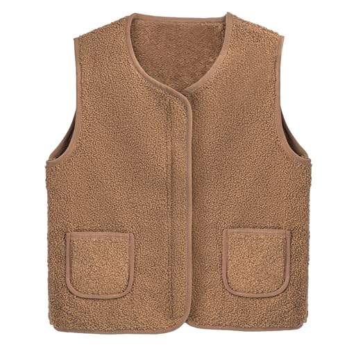 Youkly Teddy Fleece Weste Kinder Ärmellos Fleecejacke Jungen Mädchen V-Ausschnitt Teddyfleece Jacke Warm Winterjacke Plüschweste Fleeceweste Kinder (DE/NL/SE/PL Numerisch 120 Regular Braun)