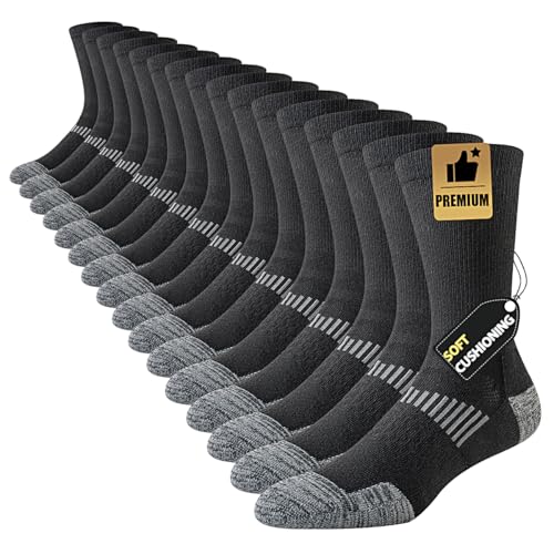JOYNE 8 Pairs Mens Casual Breathable Crew Athletic Calf Socks Long Cushion Work Socks for Workout Sports Black Large Sock Size:10-13