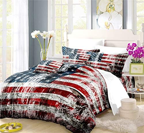 REALIN Stars and Stripes Duvet Cover Set Vintage American Flag Bedding Red White Blue Bed Sets 2/3/4PCS Quilt Covers/Sheets/Pillow Shams,Twin/Full/Queen/King (F,Queen-228x228cm-4PCS)