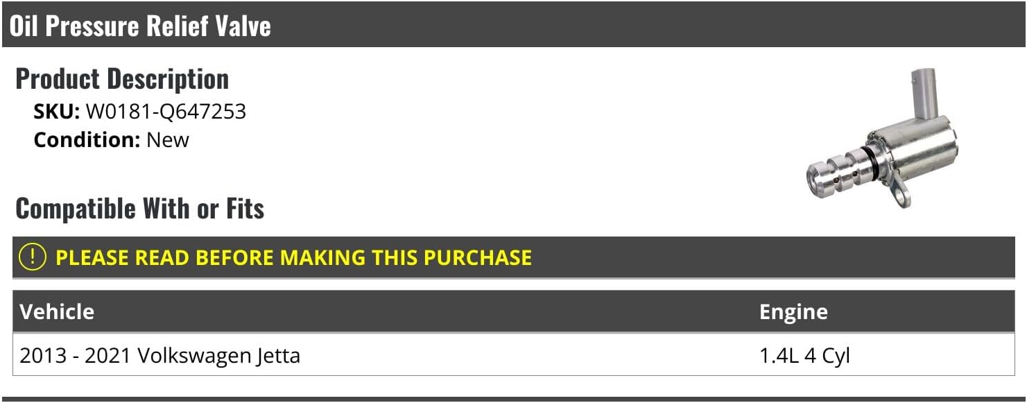 Oil Pressure Relief Valve - Compatible with 2013-2021 Volkswagen Jetta 1.4L 4-Cylinder