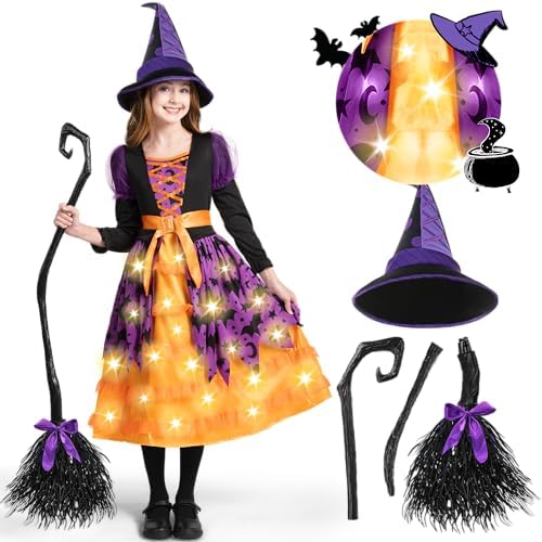 Spooktacular Creations Hexenkostüm für Mädchen, rosa Druck Hexerkostüm, Light-up Hexen Halloween Kostüm Kleid UP