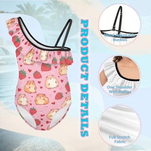 Girls Capybara Hamster Patter One Piece Sling Swimwear Cartoon One Shoulder Ruffle Swimsuits for All Seasons Soft4