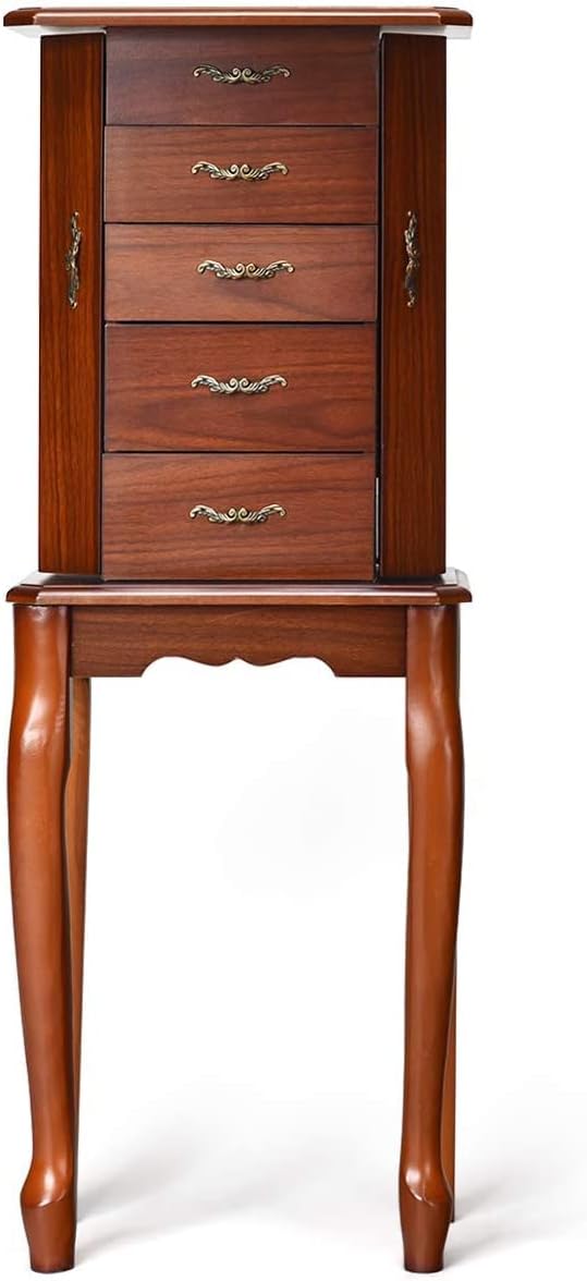 LDAILY LUARANE Wooden Jewelry Cabinet Armoire, 5-Tier Standing Jewelry Chest with Top Flip Makeup Mirror 4 Drawers 6 Necklace Hooks, Free Standing Jewelry Box with 2 Side Swing Doors, Walnut