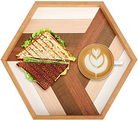 Prometis Hexagon Serving Decorative Tray Sturdy Wooden Handmade，Great for Dinner Tray/Coffee Table/Decoration Table