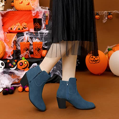 Allegra K Allegra K Women's Round Toe Chunky Heel Zipper Dark Blue Ankle Boots 8 M US
