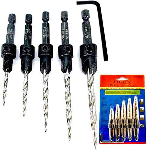 FTG USA Countersink Drill Bit Set 5 Pc Wood #4#6#8#10#12 Tapered Drill Bits