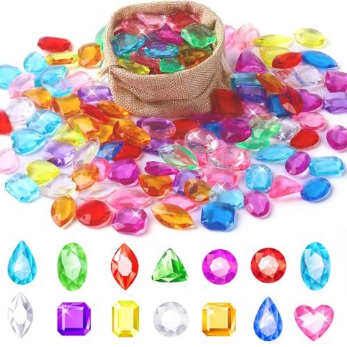 MARFOREVER Pool Diving Gems Toys,150 Pcs Colorful Crystals Pirate Treasure Jewels Acrylic Gems Plastic Diamonds Gemstones with a Burlap Bag for Vase Filler Summer Beach Toys Home Decor Party Favors