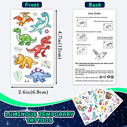 350Pcs+ (30 Sheets) Glow In The Dark Temporary Tattoos For Kids, Waterproof Luminous Fake Tattoo Sticker Mixed Style With Dinosaur Unicorn Mermaid Space Sea Animals For Girls And Boys #TOP3