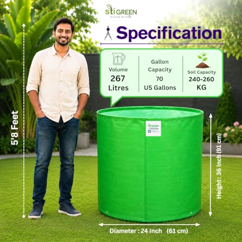 Image of HDPE Grow Bags for Plants 24X36 Inch (Pack of 5) | 260 GSM Heavy Duty UV-Protected Round Green Colour Plant Bags for Terrace and Vegetable Gardening | Strong & Reusable|