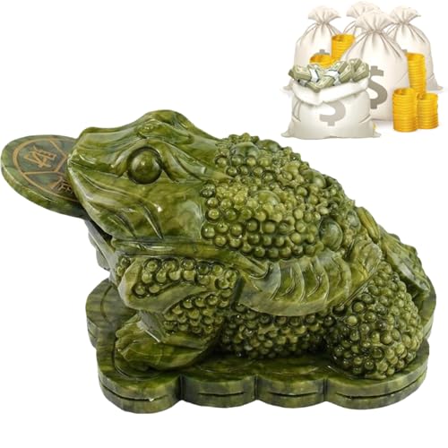 Cemssitu Grenouille en jade avec pièce de monnaie dans la bouche, grenouille Feng Shui avec pièce de monnaie en jade, grenouille à trois pattes ou statue de crapaud d'argent, décoration Feng Shui