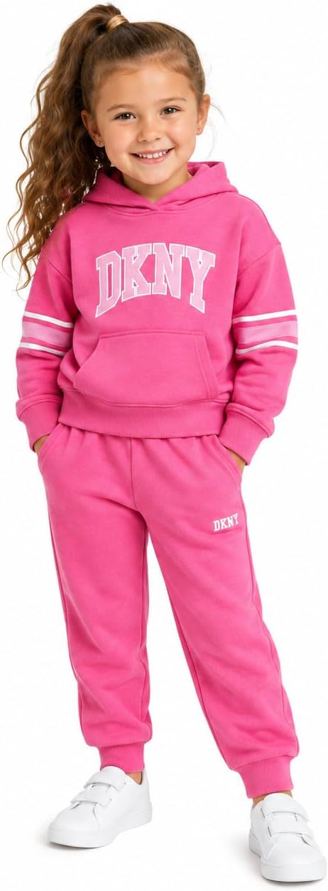 DKNY Baby Girls Pants Set - 2 Piece Fleece Pullover Hoodie and Girls Sweatpants - Cozy Sweatsuit Set for Infants and Toddlers