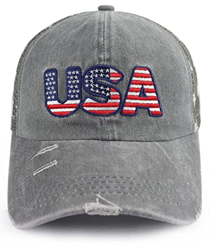 Image of American Flag Trucker Hat for Men Women, Adjustable Vintage Embroidery Washed Distressed USA Baseball Cap