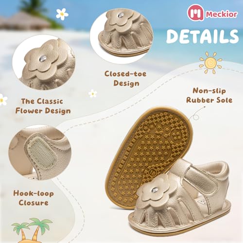 Image of Meckior Baby Toddler Infant Girls PU Leather Soft Open Toe Summer Sandals Flower Princess Flat Shoes