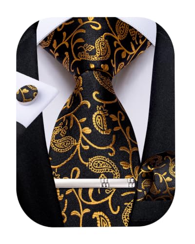 Image of DiBanGu Silk Floral Ties for Men Woven Paisley Necktie and Tie Clip Handkerchief Cufflinks Set for Party Wedding