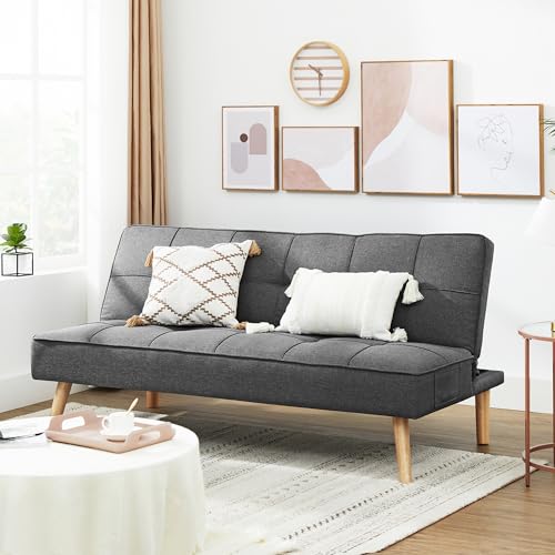 VASAGLE Schlafsofa, Schlafcouch, Bettsofa, Bezug aus Baumwoll-Leinen-Mischgewebe, Holzbeine, 175 x 83 x 76 cm, klappbar, Ausklappsofa, für Wohnheim, kleine Räume, grau LCS701G01