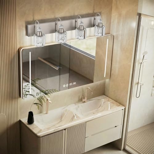 Image of Ralbay 4-Light Crystal Vanity Light for Bathroom Brushed Nickel Modern Bathroom Light Fixtures