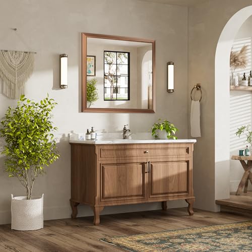 Image of 40x36 Inch Bathroom Mirror for Wall, Anti-Rust Walnut Wood Grain Metal Framed Bathroom Mirrors for Over Sink,Rectangler Mirrors for Bathroom Vanity, Farmhouse, Bedroom, Living Room, Entryway Decor
