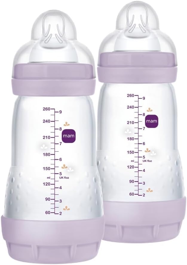 MAM Biberon Easy Start 260 ml (Set da 2), Kit da 2 biberon anticolica per allattamento misto, Riduce le bolle d'aria e il rischio di coliche, Accessori neonati 2+ mesi con tettarella misura 2, Lilla