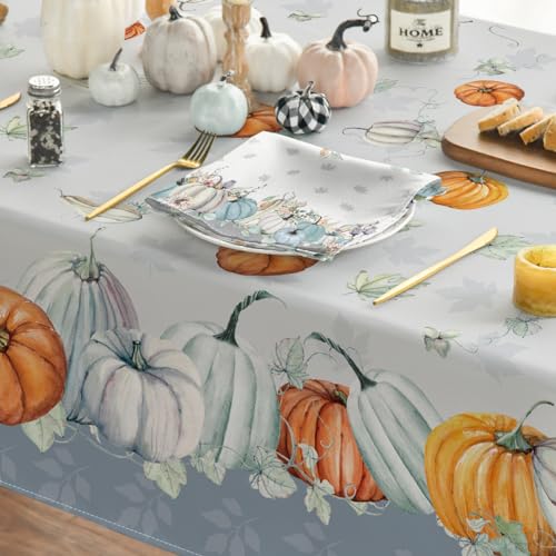 Horaldaily FALL-TABLECLOTH-150213-023 Fall Tablecloth 60X84 Inch Rectangular, Thanksgiving Autumn Harvest Orange Watercolor Pumpkins Blue Table Cover thumb #3