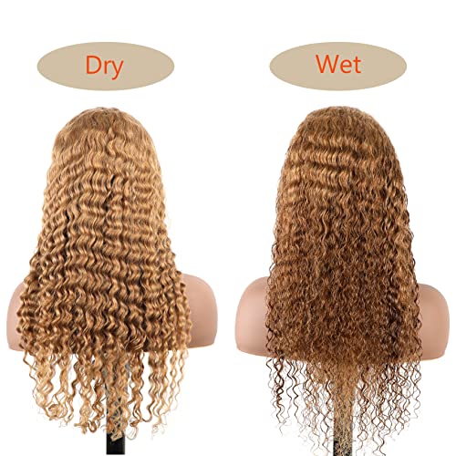 Bly Light Brown Colored 10A Human Hair Blonde Wig Lace Front For Women 13X4 Hd Transparent Pre Plucked Deep Wave Curly Glueless Wigs 180% Density #27 Color 18 Inch #TOP2