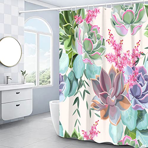 Hipposama Succulent Shower Curtain, Cactus Shower Curtain Set, Green Plant Shower Curtains For Bathroom, Waterproof Fabric With 12 Hooks, 72 X 72 Inches #TOP1