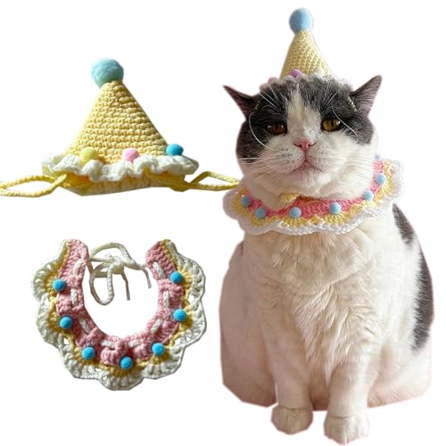 SHUEASE Cat Birthday Hat & Collar Set: Handcrafted Knit & Crochet Accessories for Pets, Kitten, Small Animals