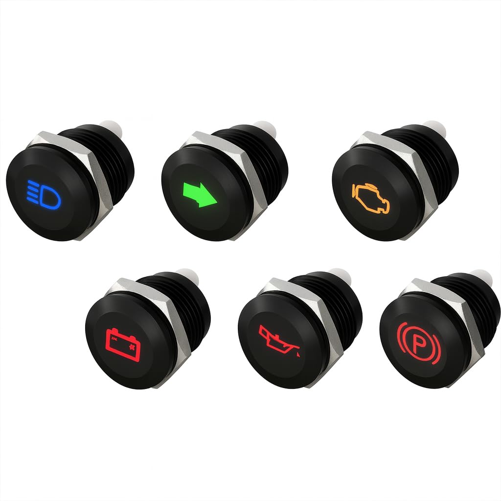 Dun-Bri Black Dbg 12Mm Screw-Fit Led Warning Light | Panel Mount Indicator W/Symbols | 12V-24V Dc | Ip65 Waterproof Signal Lamp For Industrial & Automation Panels (12V 12Mm Warning Light Mix 6 Warning Lights)