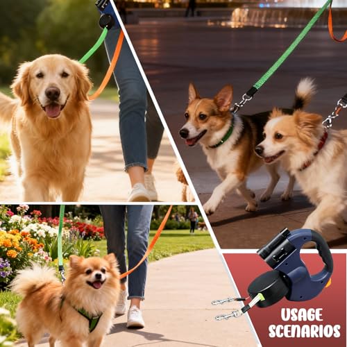 BAIFULAI Einziehbare Hundeleine für 2 Hunde, 3m Doppelleine für 2 Hunde mit Licht, Anti Rutsch Griff, ausziehbar, Rollleine Leine für Kleine Und Mittelgroße Hund (Blau)