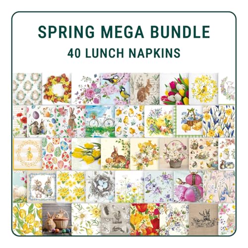 Mega Bundle of Decoupage Easter Napkins I 40 Various 3-Ply Lunch Napkins I Decorative Paper Napkins for Decoupage, Craft, Scrapbooking I Junk Journal Supplies (Spring MEGA Bundle)