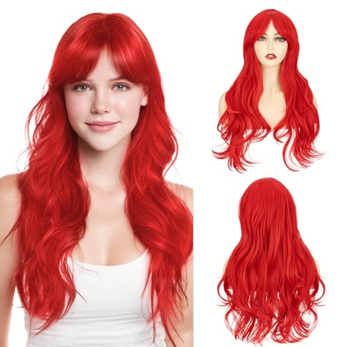 MY-LADY Red Wig with Side Side Bangs Long Wavy Cosplay Wig for Women Natural Hair 24 Inch Synthetic Hair for Girls Daily Party Halloween