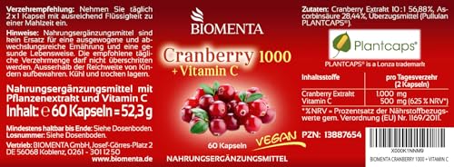 BIOMENTA Cranberry 1000 – 60 Kapseln hochdosiert - 1000 mg Cranberryextrakt + 500 mg Vitamin C/Tagesverzehr - vegan - Premiumqualität