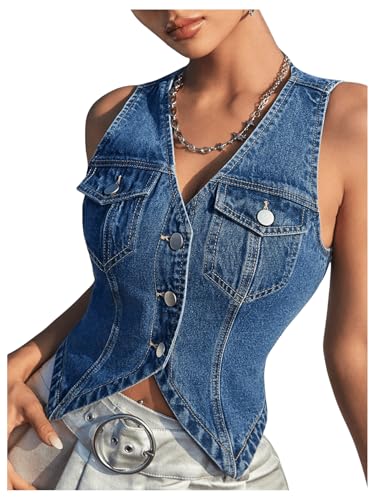 トップス GOA gimmick vest y2k 00s GORGLITTER Women's Y2K Denim Vest Sleeveless V Neck Denim
