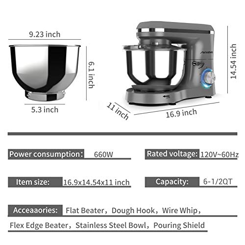 Nurxiovo 6.5QT Stand Mixer 660W Dough Hook Whisk Beater 6-Speed Electric Mixer Kitchen Tilt-Head Food Mixer with Stainless Steel Bowl (Haze Gray)
