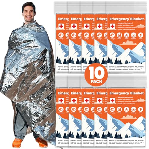10 Pack Emergency Thermal Blanket Survival, Mylar Blankets for Outdoor, Space Blanket, Silver Foil for Survival, Survival Kit Camping Blankets, Body Warmer, First Aid, Hiking 84” x 52”