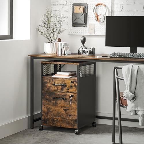Image of VASAGLE 2 Drawer File Cabinet with Lock, Rolling Printer Stand | Under Desk Filing Cabinet, 17.3 x 16.5 x 27.2 in, Rustic Brown and Ink Black, Dacey Collection, UOFC077B01