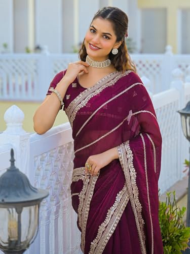 Image of Satrani Women's Shimmer Chiffon Scalloped Border Sequins Embroidery Saree with Unstitched Blouse Piece