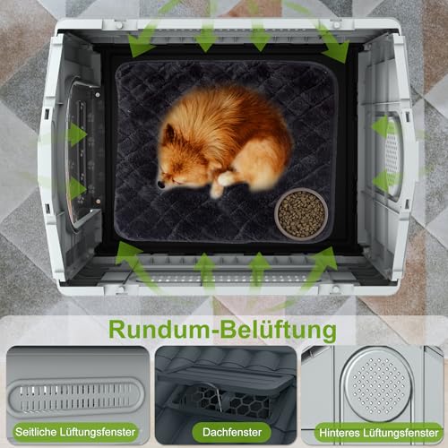 UISEBRT Hundehütte aus Kunststoff, isoliertes Hundehaus mit Schiebedach, Oberlicht und erhöhtem Boden, Hundezwinger Hundekäfig Haustierhaus für Drinnen und Draußen, 79,5 x 70,5 x 78 cm